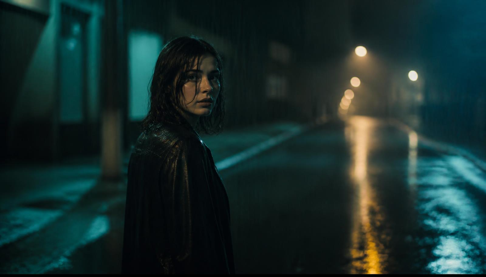 Mara Velez standing in rain on a city street at night